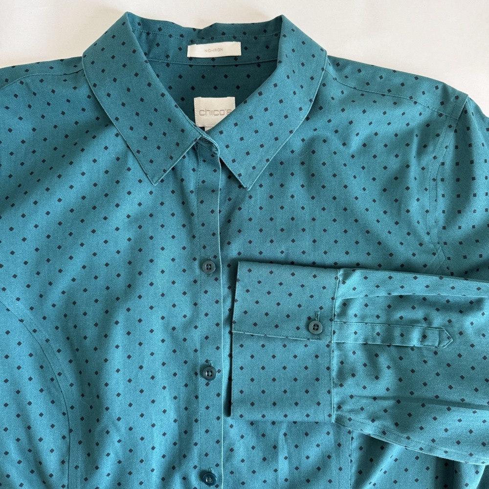 Chico's Button Down Iron Free Shirt LARGE Teal Polka Dot Diamonds Long Sleeve